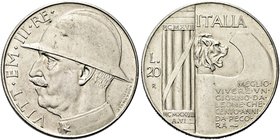 REGNO D’ITALIA
Vittorio Emanuele III, 1900-1943.
20 Lire 1928 a. VI Roma, Elmetto.
Ag
Dr. Semibusto del sovrano in uniforme, con testa coperta da ...