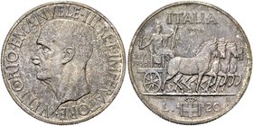 REGNO D’ITALIA
Vittorio Emanuele III, 1900-1943.
20 Lire 1936 PROVA a. XIV Roma, Quadriga Impero.
Ag
Dr. Testa del sovrano rivolta a s.
Rv. Quatt...
