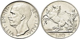 REGNO D’ITALIA
Vittorio Emanuele III, 1900-1943.
10 Lire 1927 due rosette Roma, Biga.
Ag
Dr. Testa del sovrano rivolta a s.
Rv. Biga trainata da ...
