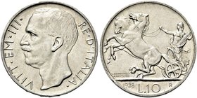 REGNO D’ITALIA
Vittorio Emanuele III, 1900-1943.
10 Lire 1928 una rosetta Roma, Biga.
Ag
Dr. Testa del sovrano rivolta a s.
Rv. Biga trainata da ...