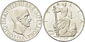 REGNO D’ITALIA
Vittorio Emanuele III, 1900-1943.
10 Lire 1936 a. XIV Roma, Impero.
Ag
Dr. Testa del sovrano rivolta a d.
Rv. Prora di nave fregia...