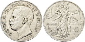 REGNO D’ITALIA
Vittorio Emanuele III, 1900-1943.
5 Lire 1911 Roma, Cinquantenario.
Ag
Dr. Testa scoperta del sovrano rivolta a s. 
Rv. Sullo sfon...