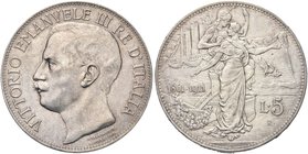 REGNO D’ITALIA
Vittorio Emanuele III, 1900-1943.
5 Lire 1911 Roma, Cinquantenario.
Ag
Dr. Testa scoperta del sovrano rivolta a s. 
Rv. Sullo sfon...