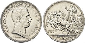 REGNO D’ITALIA
Vittorio Emanuele III, 1900-1943.
5 Lire 1914 Roma, Quadriga briosa.
Ag
Dr. Semibusto del sovrano in uniforme con il collare a test...