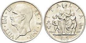 REGNO D’ITALIA
Vittorio Emanuele III, 1900-1943.
5 Lire 1936 a. XIV Roma, Fecondità.
Ag
Dr. Testa del sovrano rivolta a s.
Rv. Figura di donna at...