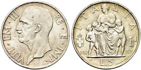REGNO D’ITALIA
Vittorio Emanuele III, 1900-1943.
5 Lire 1937 a. XV Roma, Fecondità.
Ag
Dr. Testa del sovrano rivolta a s.
Rv. Figura di donna att...