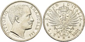 REGNO D’ITALIA
Vittorio Emanuele III, 1900-1943.
2 Lire 1901 Roma, Aquila Sabauda.
Ag
Dr. Testa del sovrano rivolta a d.
Rv. Aquila araldica rivo...