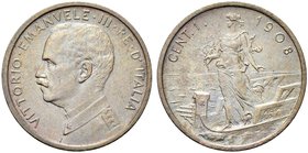REGNO D’ITALIA
Vittorio Emanuele III, 1900-1943.
Centesimo 1908 Roma, Italia su prora.
Cu
Dr. Semibusto del sovrano in uniforme a testa scoperta r...