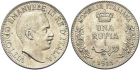 COLONIA SOMALA
Vittorio Emanuele III, 1909-1925.
Rupia 1915 Roma.
Ag
Dr. Testa scoperta del sovrano rivolta a d.
Rv. Al centro, su più righe, cor...