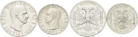 REGNO D’ALBANIA
Vittorio Emanuele III, 1939-1943.
10 e 5 Lek 1939 a. XVII Roma.
Ag
Dr. Testa del sovrano rivolta a d.
Rv. Aquila araldica bicipit...