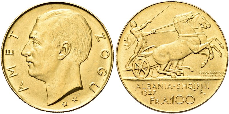 ALBANIA
Re Zogu I, 1925-1939.
100 Franga 1927 (due stelle).
Au gr. 32,15
Dr....