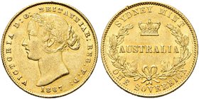 AUSTRALIA
Regina Vittoria, 1837-1901.
Sterlina 1867, zecca di Sidney.
Au gr. 7,93
Dr. Testa laureata a s.
Rv. Corona tra due rami di alloro.
KM#...