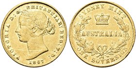 AUSTRALIA
Regina Vittoria, 1837-1901.
Sterlina 1867, zecca di Sidney.
Au gr. 7,97
Dr. Testa laureata a s.
Rv. Corona tra due rami di alloro.
KM#...
