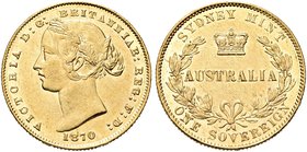 AUSTRALIA
Regina Vittoria, 1837-1901.
Sterlina 1870, zecca di Sydney.
Au gr. 7,98
Dr. Testa laureata a s.
Rv. Corona di alloro con indicazione di...