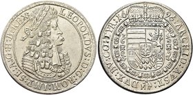 AUSTRIA
Leopoldo I d’Asburgo, 1658-1705.
Tallero 1696, Hall.
Ag gr. 28,50
Dr. LEOPOLDVS D G ROM IMP ES A G H B REX. Busto laureato, corazato a d....