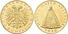 AUSTRIA
Repubblica, dal 1918.
100 Schilling 1936, Vienna.
Au gr. 23,47
Dr. Aquila bicipite.
Rv. Raffigurazione della Madonna di Mariazell.
Schl....