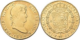 BOLIVIA
Ferdinando VII di Spagna, 1808-1824.
8 Escudos 1824 PJ, zecca di Potosì.
Au gr. 26,94
Dr. Busto a d.
Rv. Stemma coronato.
Fried. 19; KM#...