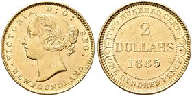 CANADA
Newfoundland. Regina Vittoria, 1865-1888.
2 Dollari 1885.
Au gr. 3,34
.Dr. Testa a s.
Rv.Valore entro cerchio perlinato.
KM#5; Fried. 1....