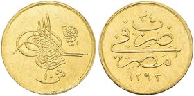 EGITTO
Abdul Hamid II, 1876-1909.
10 Qirsh AH 1293-17 (1893).
Au gr. 0,80
Dr. Monogramma del sultano (Toughra).
Rv. Valore e anno di regno.
KM#2...