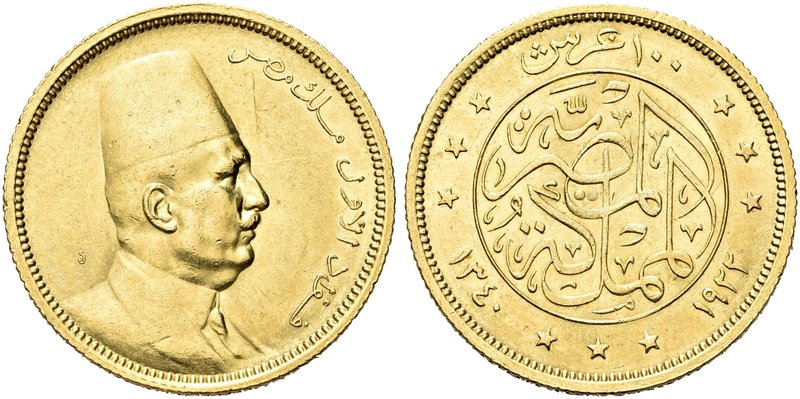 EGITTO
Malik Fuad I, 1922-1936.
100 Piastre.
Au gr. 8,47
Dr. Busto di Fuad I...