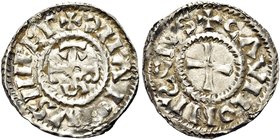 FRANCIA
Periodo Carolingio. Carlo il Calvo, 840-877 o Carlo il Grosso, 879-887.
Denaro, zecca di Chalon-sur-Saône.
Ag gr. 1,82
Dr. C (retrograda) ...