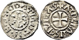FRANCIA
Periodo Carolingio. Carlo il Calvo, 840-877 o Carlo il Grosso, 879-887.
Denaro, zecca di Arras.
Ag gr. 1,64
Dr. X CDATIA DTI RE. Monogramm...
