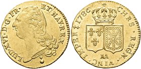 FRANCIA
Luigi XVI di Borbone, 1774-1793.
2 Luigi 1786 AA, zecca di Metz.
Au gr. 15,16
Dr. LUD XVI D G FR - ET NAV REZ. Testa a s.
Rv.CHRS REGN VI...