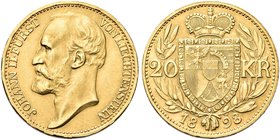 LIECHTENSTEIN
Giovanni II 1858-1929.
20 Korone 1898.
Au gr. 6,76
Dr. Testa nuda e barbuta a d.
Rv. Stemma coronato tra due rami di ulivo.
KM# Y6...