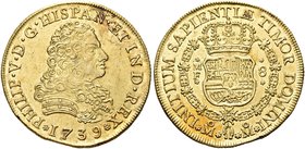 MESSICO
Filippo V di Spagna, 1700-1746.
8 Scudi 1739 M.
Au gr. 26,91
Dr. Busto a d.
Rv. Stemma coronato.
Cajon 1037; Fried. 8.
Molto Raro. Fond...