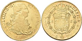MESSICO
Carlo IV di Spagna, 1788-1808.
8 Escudos 1807 M, zecca di Città del Messico.
Au gr. 26,91
Dr. Busto corazzato a d. con capelli fluenti.
R...