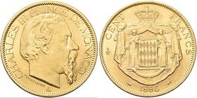 MONACO
Carlo III, Principe di Monaco 1856-1889.
100 Franchi 1886, zecca di Parigi.
Au gr. 32,16
Dr. Testa nuda a d.
Rv. Stemma entro padiglione c...
