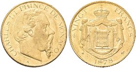 MONACO
Carlo III, Principe di Monaco 1856-1889.
20 Franchi 1878, zecca di Parigi.
Au gr. 6,44
Dr. Testa nuda a d.
Rv. Stemma coronato entro padig...