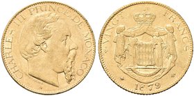 MONACO
Carlo III, Principe di Monaco 1856-1889.
20 Franchi 1879, zecca di Parigi.
Au gr. 6,44
Dr. Testa nuda a d.
Rv. Stemma coronato entro padig...
