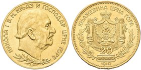 MONTENEGRO
Nicola I, 1860-1918.
20 Perpera 1910, testa a destra.
Au gr. 6,76
Dr. Testa nuda a d.
Rv. Stemma coronato entro padiglione, tra rami d...