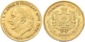 MONTENEGRO
Nicola I, 1860-1918.
20 Perpera 1910, testa a sinistra.
Au gr. 6,76
Dr. Testa laureata a s.
Rv. Stemma coronato entro padiglione, tra ...