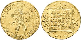 OLANDA
United Netherlands, 1581-1795.
2 Goulden Dukaat 1651.
Au gr. 6,86
Dr. CONCORDIA RES PAR - CRES TRA. Soldato in armatura verso d.; ai lati, ...