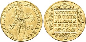 OLANDA
United Netherlands, 1581-1795.
Ducato 1758, zecca di Utrecht.
Au gr. 3,45
Dr. CONCORDIA RES - PAR CRES HOL. Soldato in armatura verso d.; a...