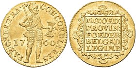 OLANDA
United Netherlands, 1581-1795.
Ducato 1760, zecca di Utrecht.
Au gr. 3,47
Dr. CONCORDIA RES - PAR CRES TRA. Soldato in armatura verso d.; a...