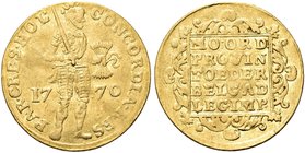 OLANDA
United Netherlands, 1581-1795.
Ducato 1770, zecca di Utrecht.
Au gr. 3,43
Dr. CONCORDIA RES - PAR CRES HOL. Soldato in armatura verso d.; a...