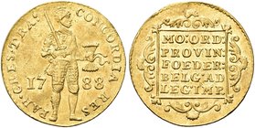 OLANDA
United Netherlands, 1581-1795.
Ducato 1788, zecca di Utrecht.
Au gr. 3,47
Dr. CONCORDIA - RES PAR CRES TRA. Soldato in armatura verso d.; a...