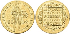 OLANDA
Batavian Republic, 1796-1805.
Ducato 1802, zecca di Utrecht.
Au gr. 3,54
Dr. CONCORDIA RES - PAR CRES DG & CZ. Soldato in armatura verso d....