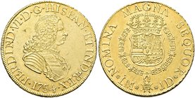 PERÙ
Ferdinando VI di Spagna, 1746-1760.
8 Escudos 1754 LM - JD.
Ag gr. 26,88
Dr. Busto corazzato a d.
Rv. Stemma coronato.
KM#59,1; Fried. 20....