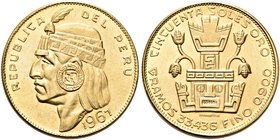 PERÙ
Repubblica, dal 1821.
50 Soles 1967.
Au gr. 33,29
Dr. Testa di Inca a s.
Rv. Scultura.
KM#219; Fried. 77.
q. FDC