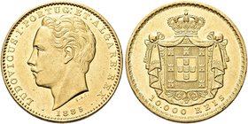 PORTOGALLO
Ludovico I, 1861-1889.
10.000 Reis 1885, zecca di Lisbona.
Au gr. 17,69
Dr. Testa nuda a s.
Rv. Stemma coronato entro padiglione.
KM#...