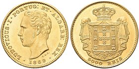 PORTOGALLO
Ludovico I, 1861-1889.
5.000 Reis 1869, zecca di Lisbona.
Au gr. 8,91
Dr. Testa a s.
Rv. Stemma coronato entro padiglione.
Fried. 153...