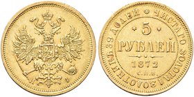 RUSSIA
Alessandro II, 1855-1881.
5 Rubli 1872 CПБ-HI, zecca di San Pietroburgo.
Au gr. 6,50
Dr. Aquila bicipite coronata con San Giorgio in scudo....