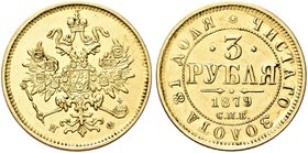 RUSSIA
Alessandro II, 1855-1881.
3 Rubli 1879.
Au gr. 3,94
Dr. Aquila bicipite coronata con San Giorgio in scudo.
Rv. Valore e data.
Bitkin 42; ...