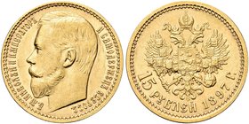 RUSSIA
Nicola II, 1894-1917.
15 Rubli 1897.
Au gr. 12,84
Dr. Testa nuda a s.
Rv. Aquila bicipite coronata con scettro e globo crucigero.
KM#65; ...