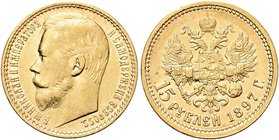 RUSSIA
Nicola II, 1894-1917.
15 Rubli 1897.
Au gr. 12,89
Dr. Testa nuda a s.
Rv. Aquila bicipite coronata con scettro e globo crucigero.
KM#65; ...