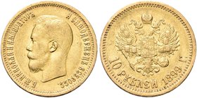RUSSIA
Nicola II, 1894-1917.
10 Rubli 1899.
Au gr. 8,54
Dr. Testa nuda a s.
Rv. Aquila bicipite coronata.
Bitkin 4; Fried. 179.
BB